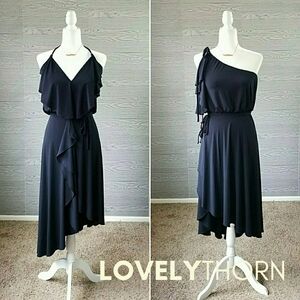 KAREN ZAMBOS // ltd ed convertible halter one shoulder ruffle asymmetric dress
